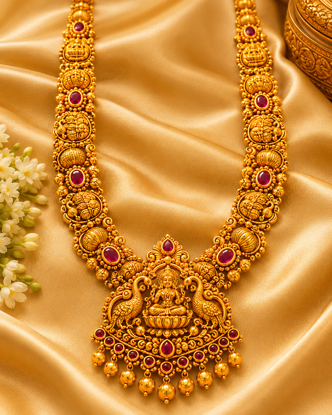 Antique gold haram necklace with ruby accents