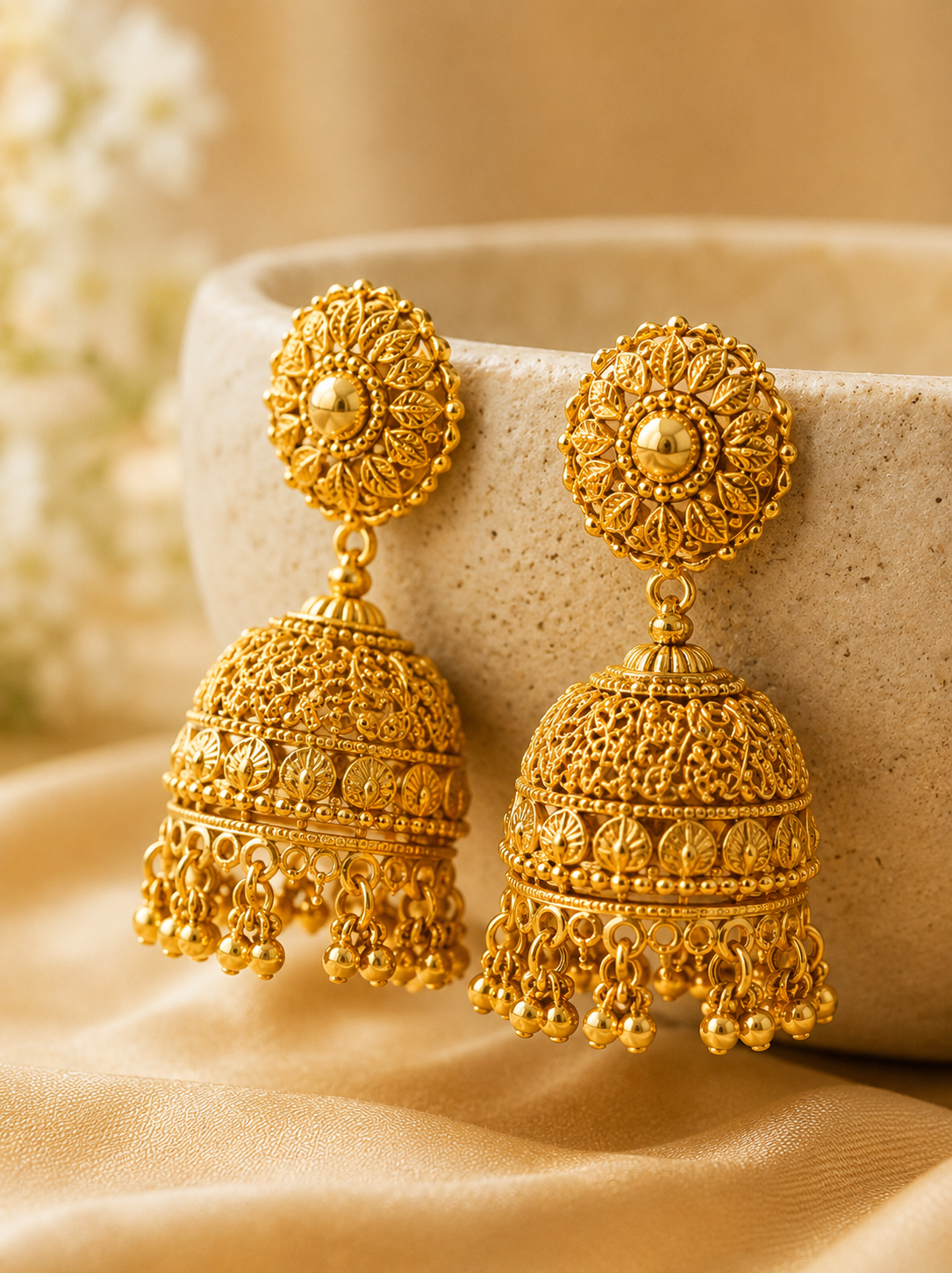 Traditional gold jhumka earrings with antique finish