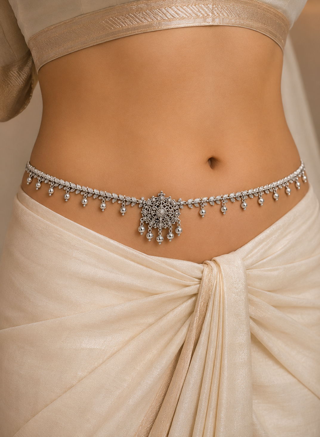 Intricately crafted sterling silver oddiyanam waist chain